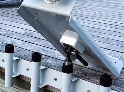 White Bait Station bait cutting board in a rod holder, tilted to highlight mobility.