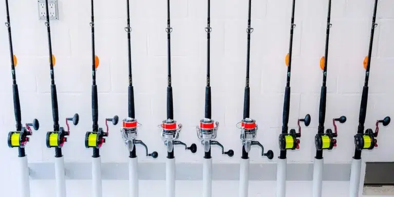 The Wall wall-mounted rod storage system by SeaWard Systems keeping fishing rods organized and off the dock deck